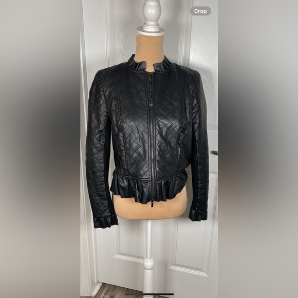 French Connection Brishen PU Frill Edge Faux Leather Biker Jacket Small - Picture 8 of 11